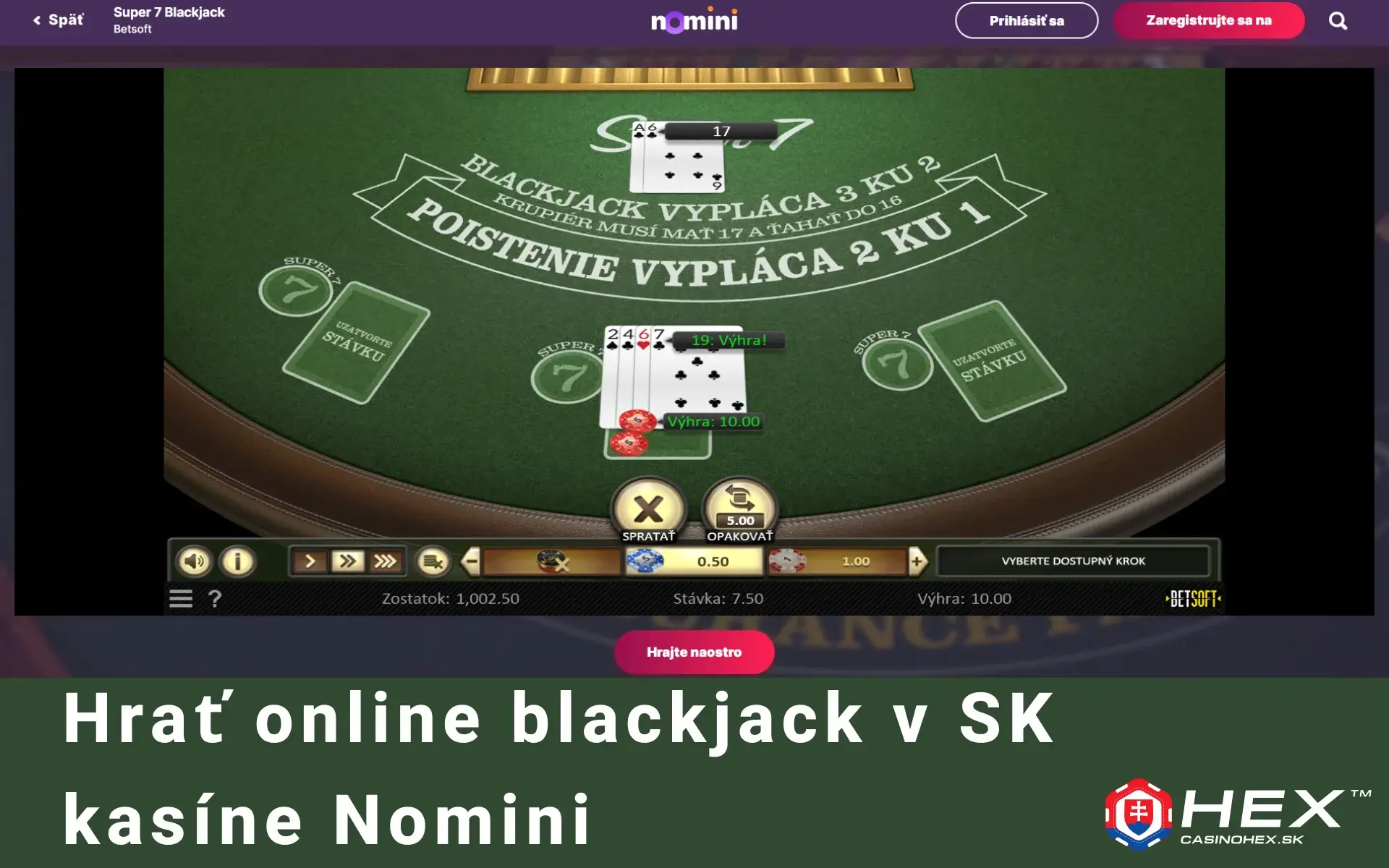 Hrat online blackjack v SK kasine Nomini